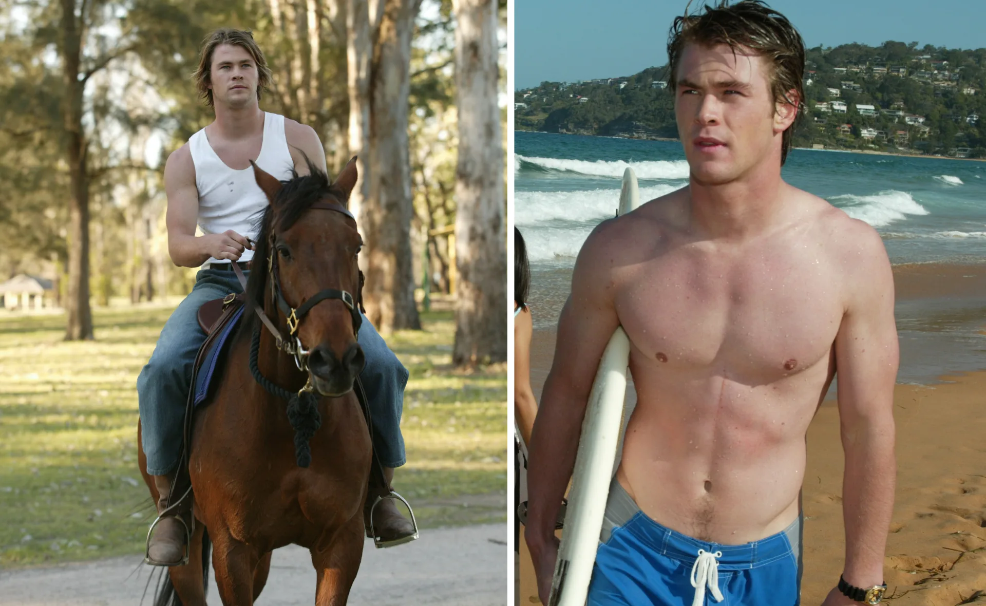 Chris Hemsworth, as Kim Hyde from "Home and Away," rides a horse in a park and surfs at the beach.