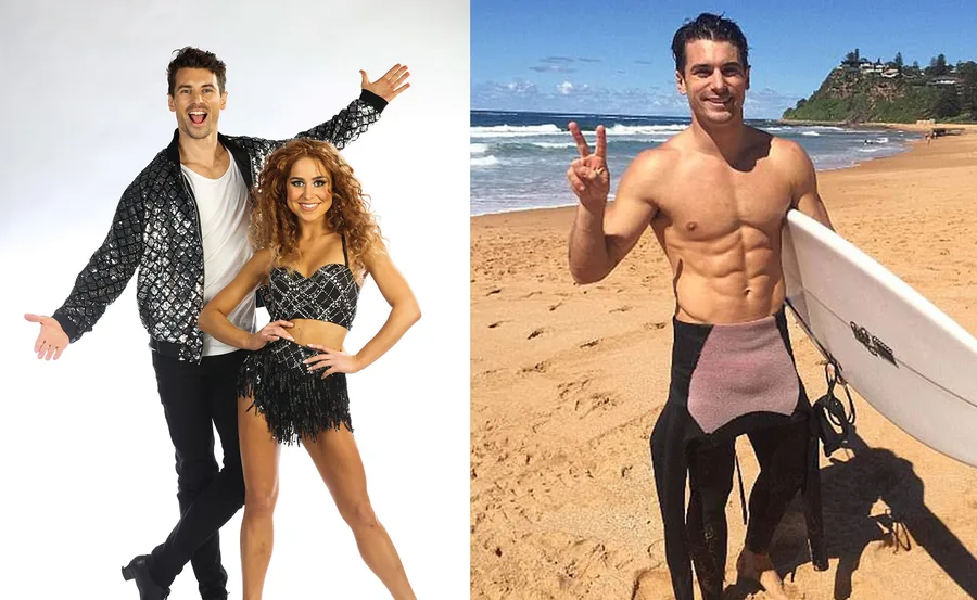 Two people in black sequined outfits pose; a man holding a surfboard on a sunny beach, making a peace sign.
