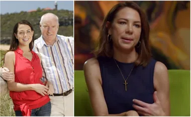 Left: Two people outdoors, smiling. Right: Person sitting indoors, wearing a necklace, talking.