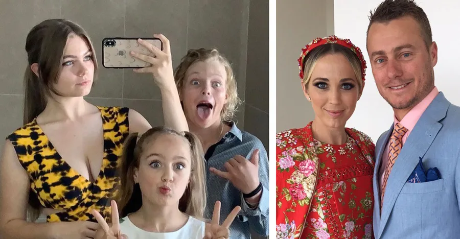 Family selfies; left: three kids making faces in a bathroom mirror; right: couple smiling, dressed in formal attire.