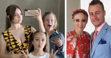Family selfies; left: three kids making faces in a bathroom mirror; right: couple smiling, dressed in formal attire.