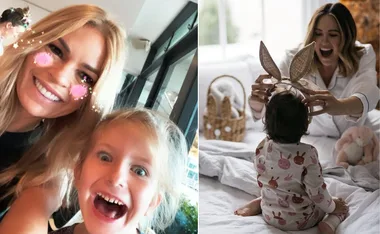"Two-part image: Left shows a woman and child with star stickers; right shows a woman placing bunny ears on a toddler."