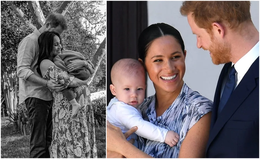 A family in a garden, embracing a baby; a woman smiling while holding a baby.