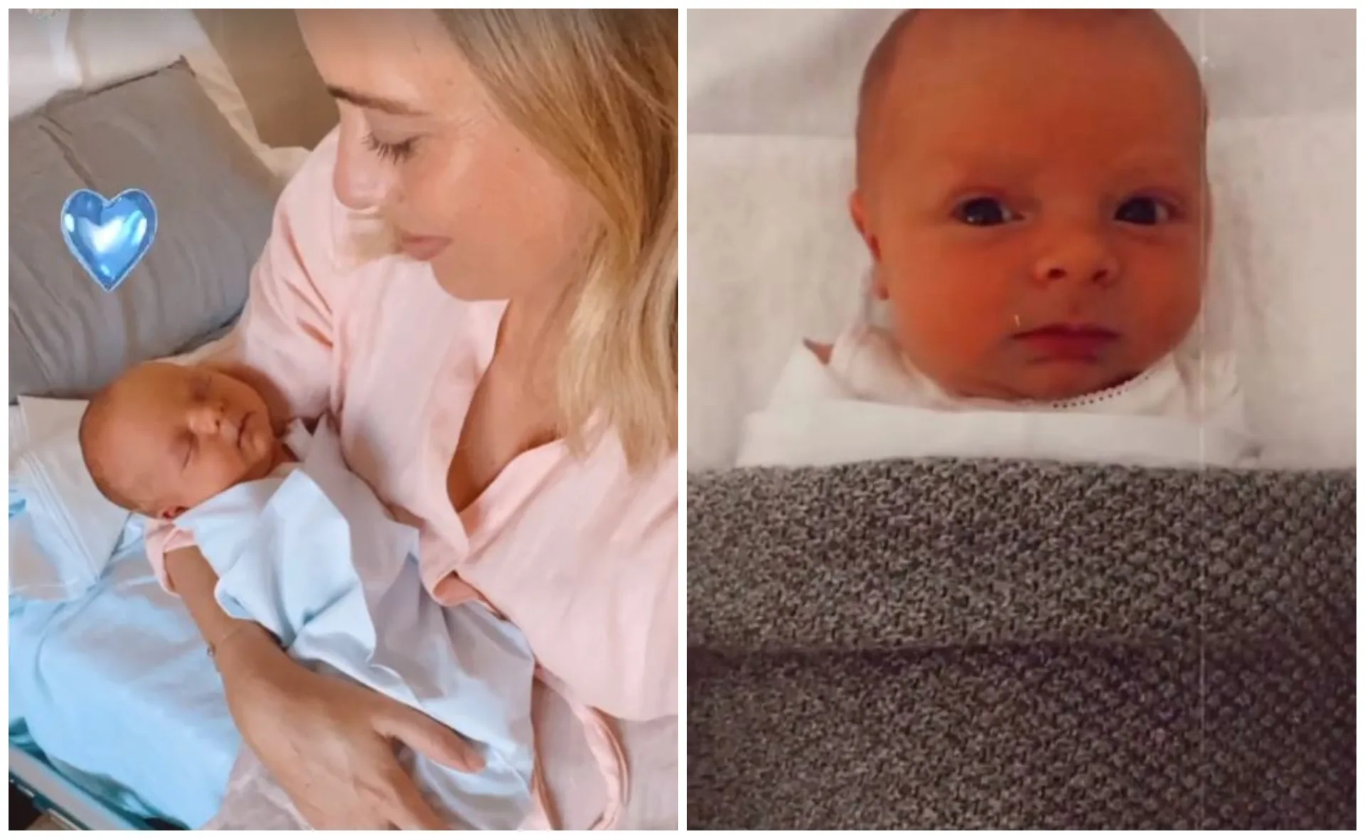 A woman in pink holds a sleeping baby wrapped in a blanket; another image shows the baby swaddled and awake.