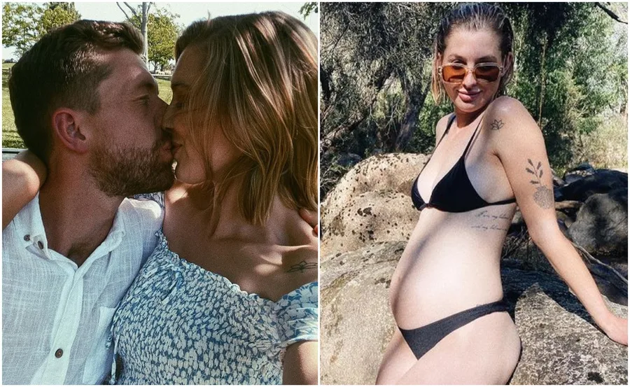 A couple kissing in a park; pregnant woman in a bikini sitting on rocks outdoors.