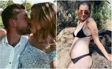 A couple kissing in a park; pregnant woman in a bikini sitting on rocks outdoors.