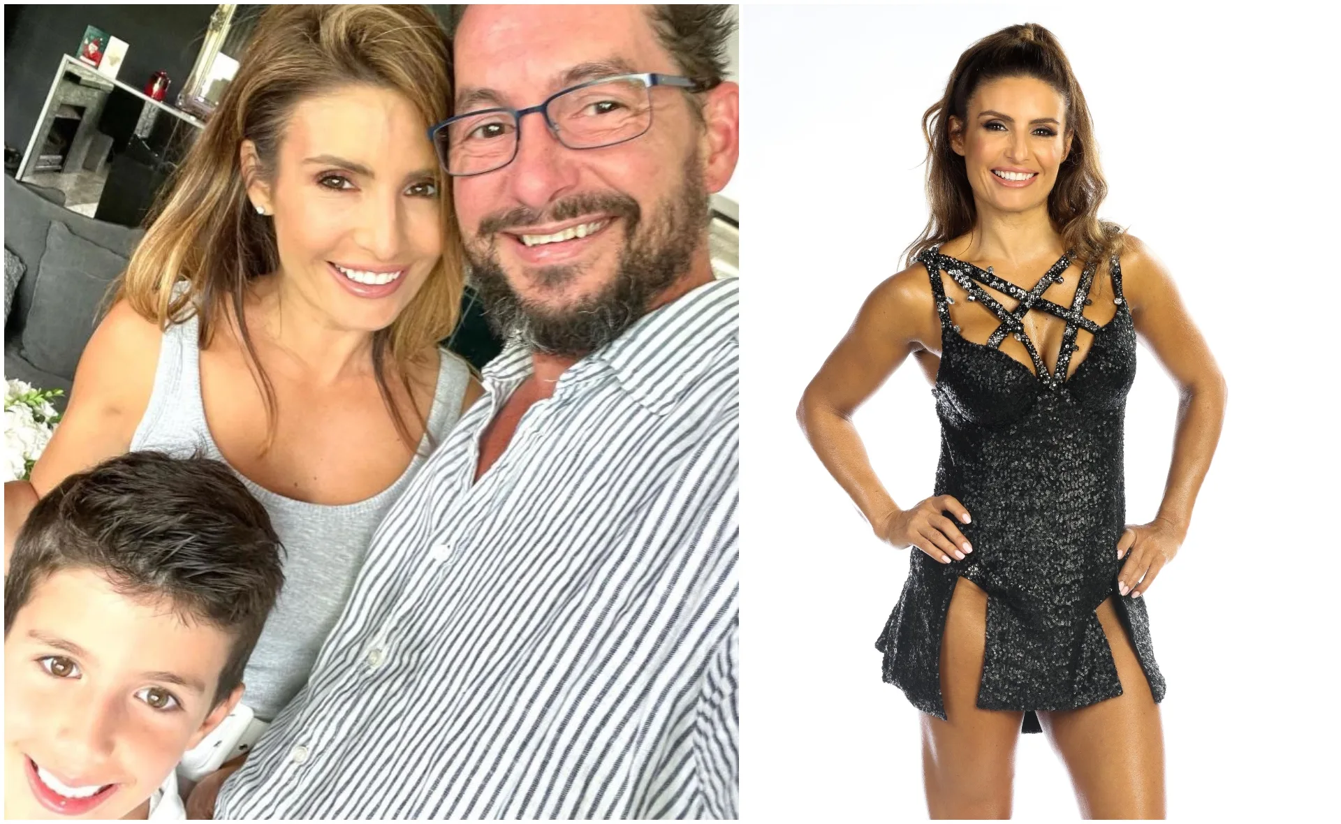Ada Nicodemou with a boy and a man; wearing a black dress in a separate pose.