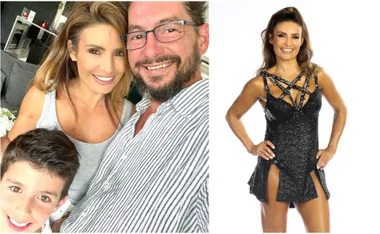 Ada Nicodemou with a boy and a man; wearing a black dress in a separate pose.