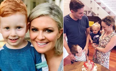 A smiling woman with a young boy and a family with two children celebrating a birthday with a heart-shaped cake.