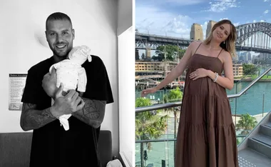 "Man holding a baby on the left; woman posing by Sydney Harbour Bridge on the right."
