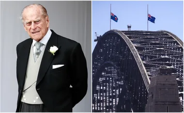 Prince Philip in formal attire; Sydney Harbour Bridge with flags at half-mast.