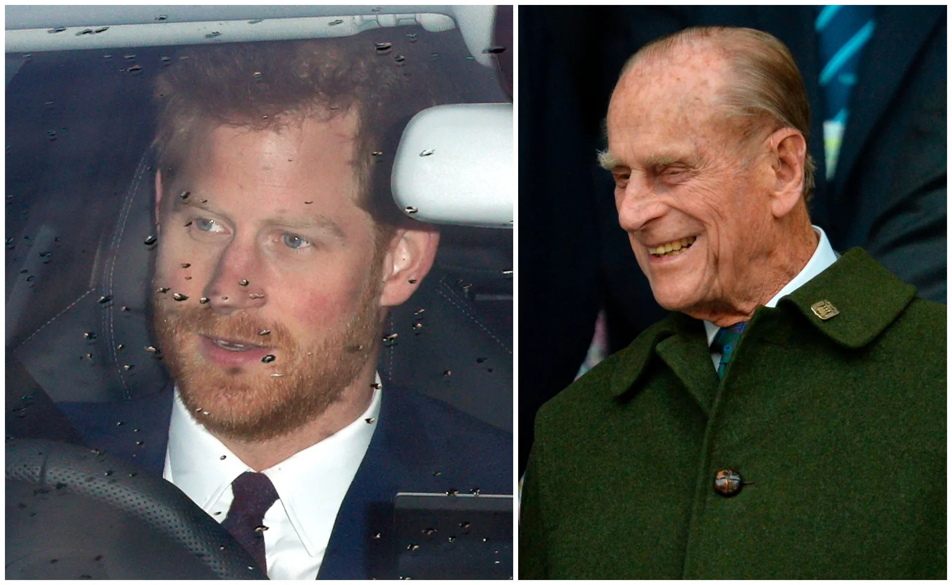 "Man in suit driving in rain and elderly man smiling in green coat; side-by-side image."