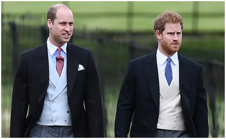 Two men in formal suits walking outside with a blurred greenery background.