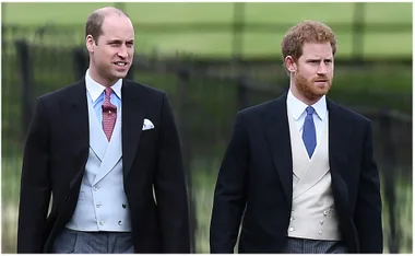 Two men in formal suits walking outside with a blurred greenery background.