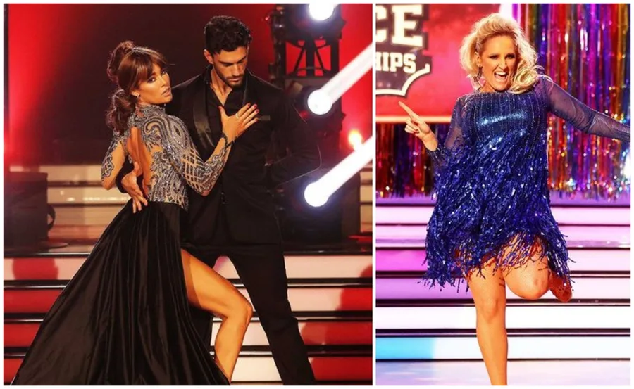 Dancers perform on "Dancing with the Stars," one in a black gown, another in a blue fringed dress, on a colorful stage.