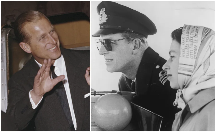 Two historical photos of a smiling man in a suit and uniformed officer in sunglasses with a woman in a headscarf.