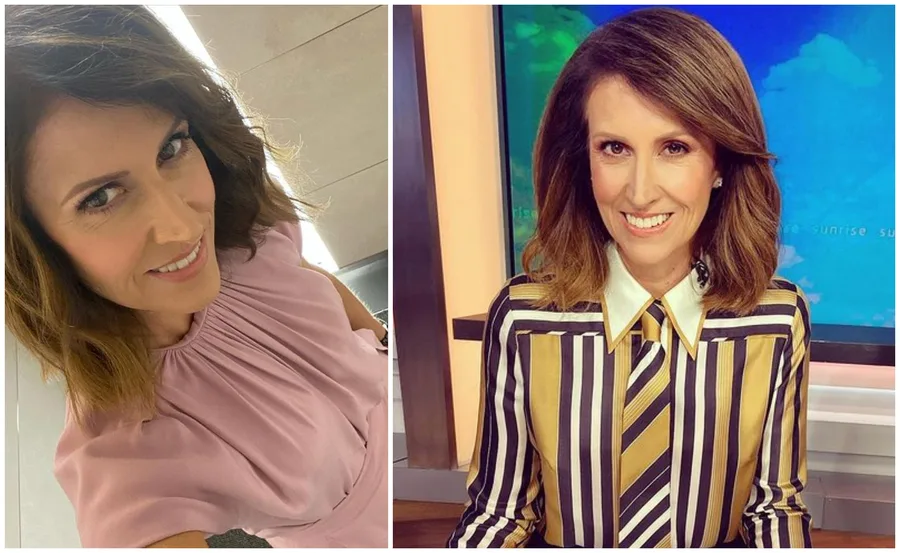 Natalie Barr in a pink blouse and a striped shirt, smiling for selfies in different settings.