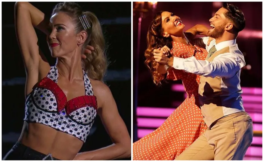 Two "Dancing with the Stars" contestants in vibrant costumes, performing on stage with lively expressions.