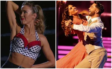 Two "Dancing with the Stars" contestants in vibrant costumes, performing on stage with lively expressions.