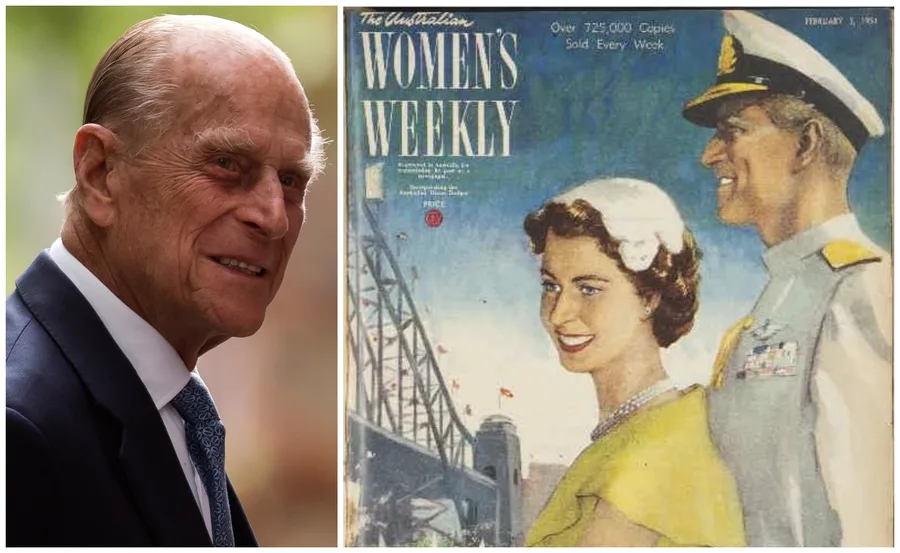 Prince Philip smiling at left, next to vintage "The Australian Women’s Weekly" cover with royals near Sydney Harbour Bridge.