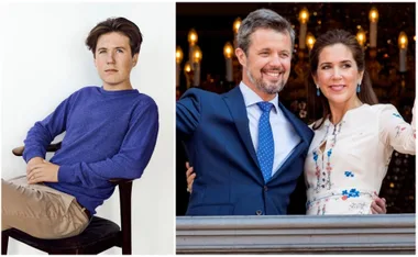 Young man in blue sweater sitting on a chair; smiling couple on a balcony, dressed in elegant attire.