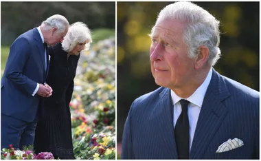 Prince Charles with Camilla in a garden of flowers; Charles looks contemplative.