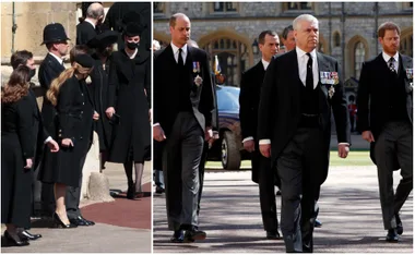 People dressed in formal black attire at Prince Philip's funeral, walking solemnly outside Windsor Castle.