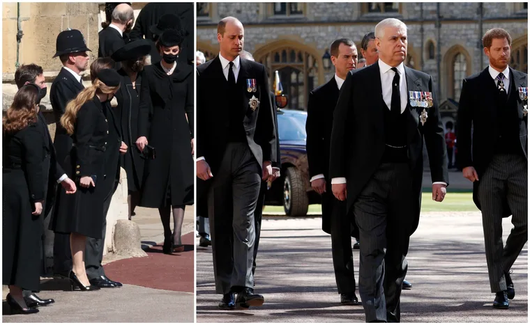 People dressed in formal black attire at Prince Philip's funeral, walking solemnly outside Windsor Castle.