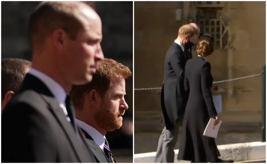 Princes at a formal event, dressed in suits, walking outdoors, side by side.