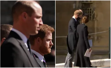Princes at a formal event, dressed in suits, walking outdoors, side by side.