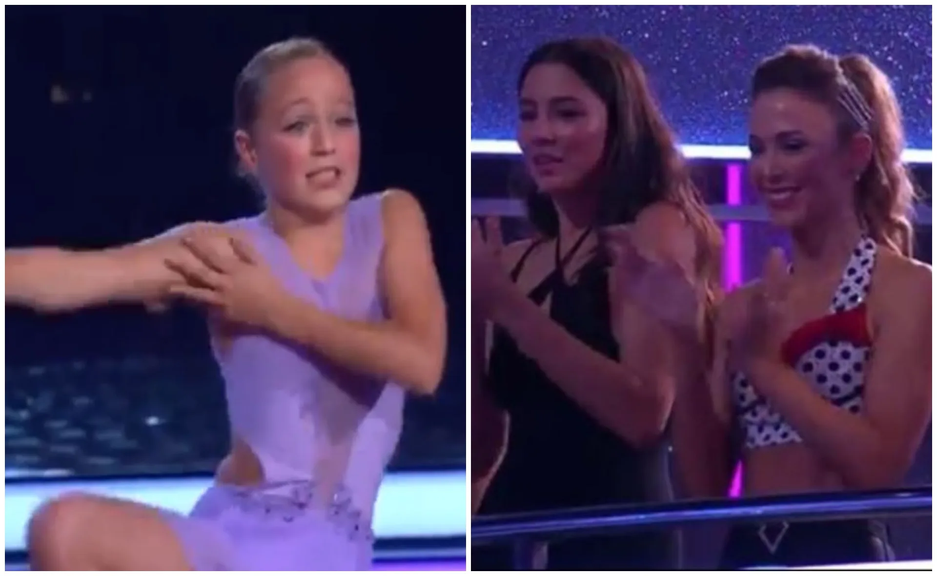 Ava, in a purple costume, dances passionately while two women in the audience applaud enthusiastically.
