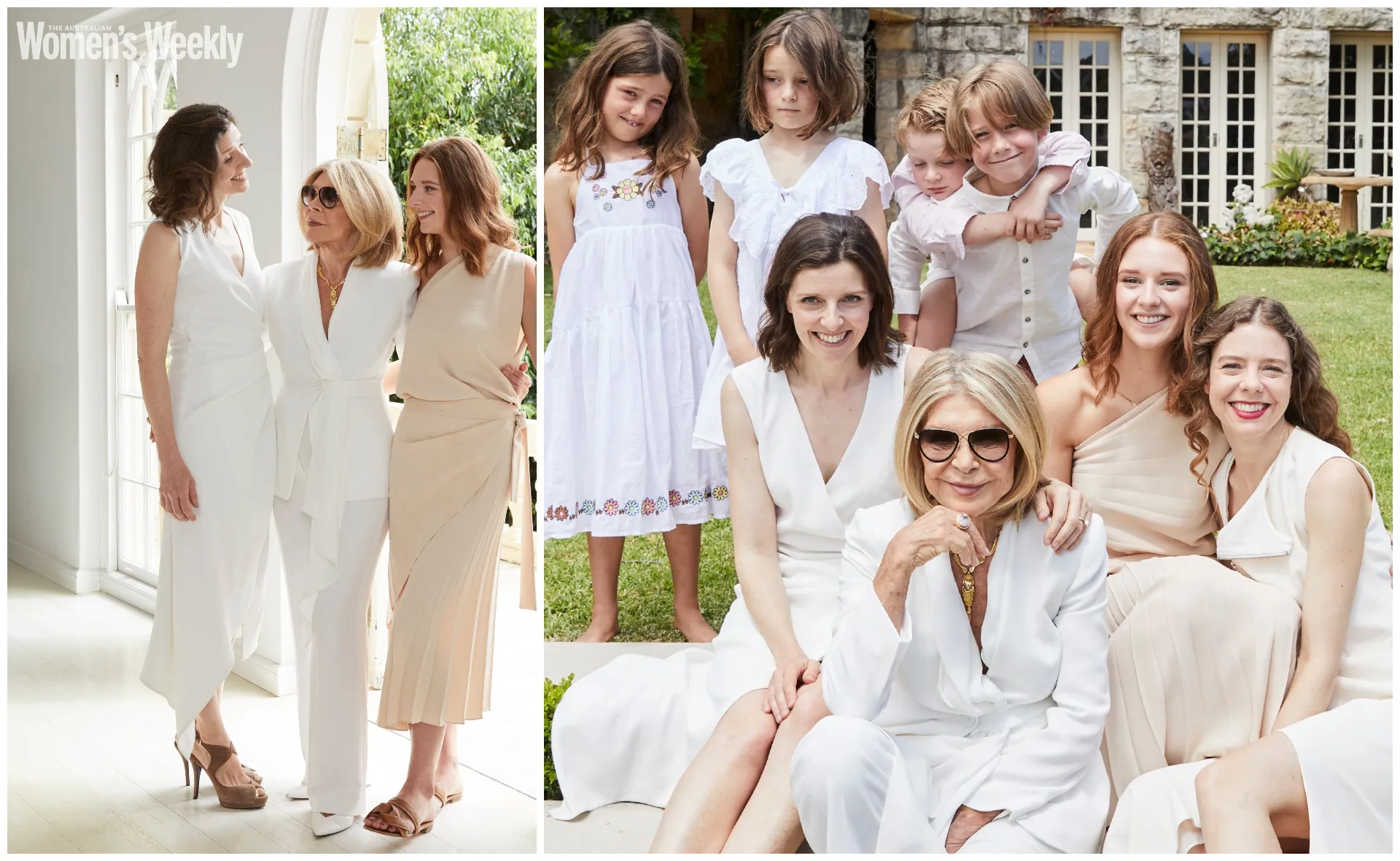 Women in elegant outfits with children outdoors, exuding happiness and warmth.