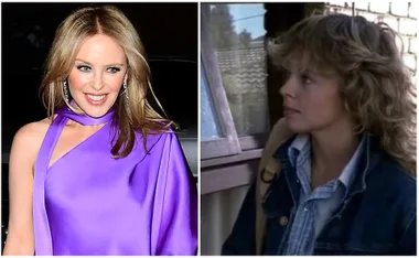 Two images side by side: Left, a woman in a purple dress; Right, another woman with curly hair in a denim jacket.