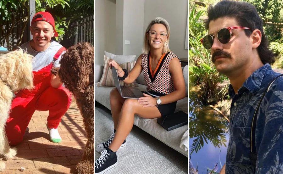 Three individuals from "Big Brother 2021": one with dogs, one with a laptop, and one wearing sunglasses by plants.