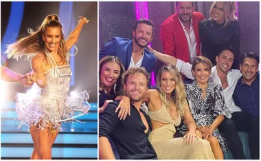 "Dancing scene and group photo from 'Dancing with the Stars' featuring contestants and judges."