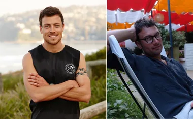 Two men in different settings: one smiling outdoors, the other lounging in a chair with red and orange canopies above.