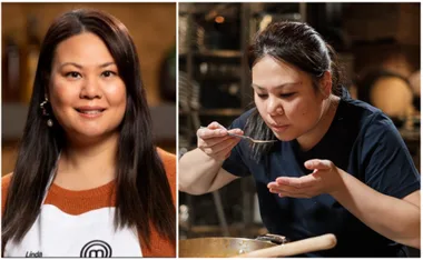 "Woman wearing a MasterChef apron smiling, next to her cooking and tasting food with a spoon."