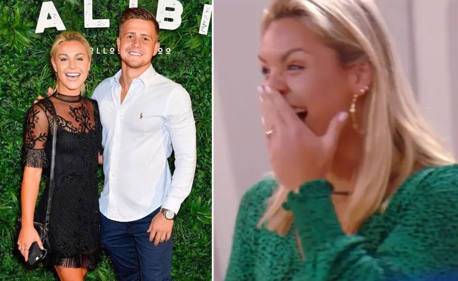 Couple smiling at a floral backdrop; woman laughing with her hand over her mouth in a separate frame.