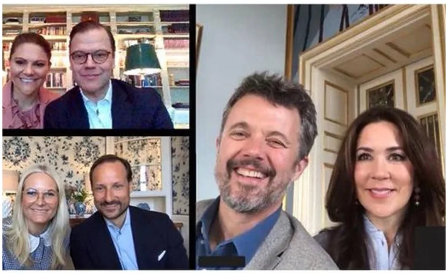 Video call with three royal couples smiling, in separate frames, each with vibrant room settings in the background.