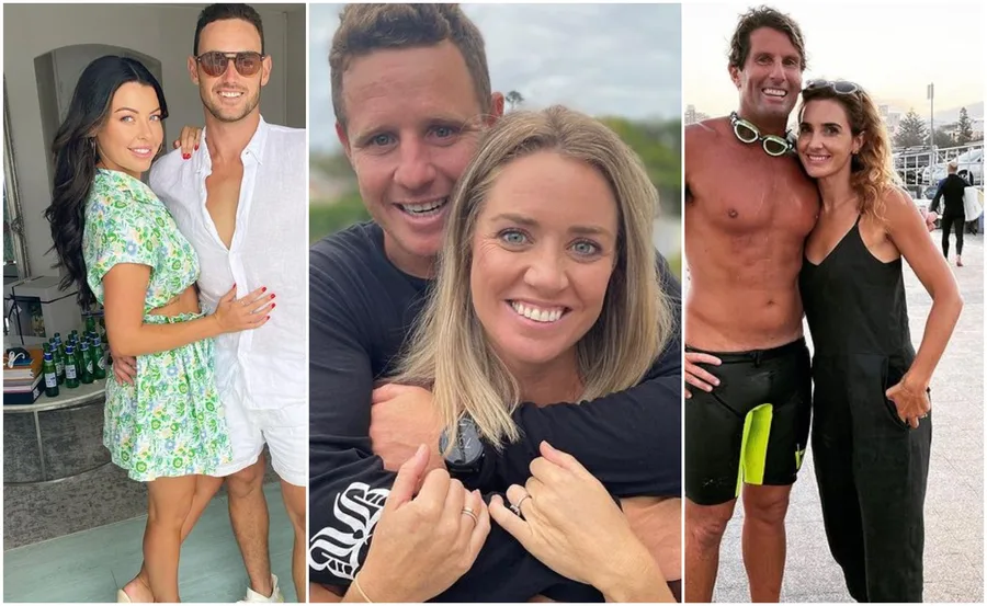 "Three couples posing together; two indoors, one at a beach, smiling and embracing."