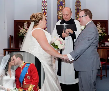 Bride and groom holding hands in a church ceremony, with inset of Prince William and Kate Middleton kissing.