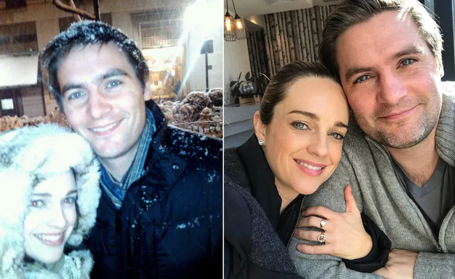 Couple smiling in snowy outdoor and indoor settings, showing affectionate poses.