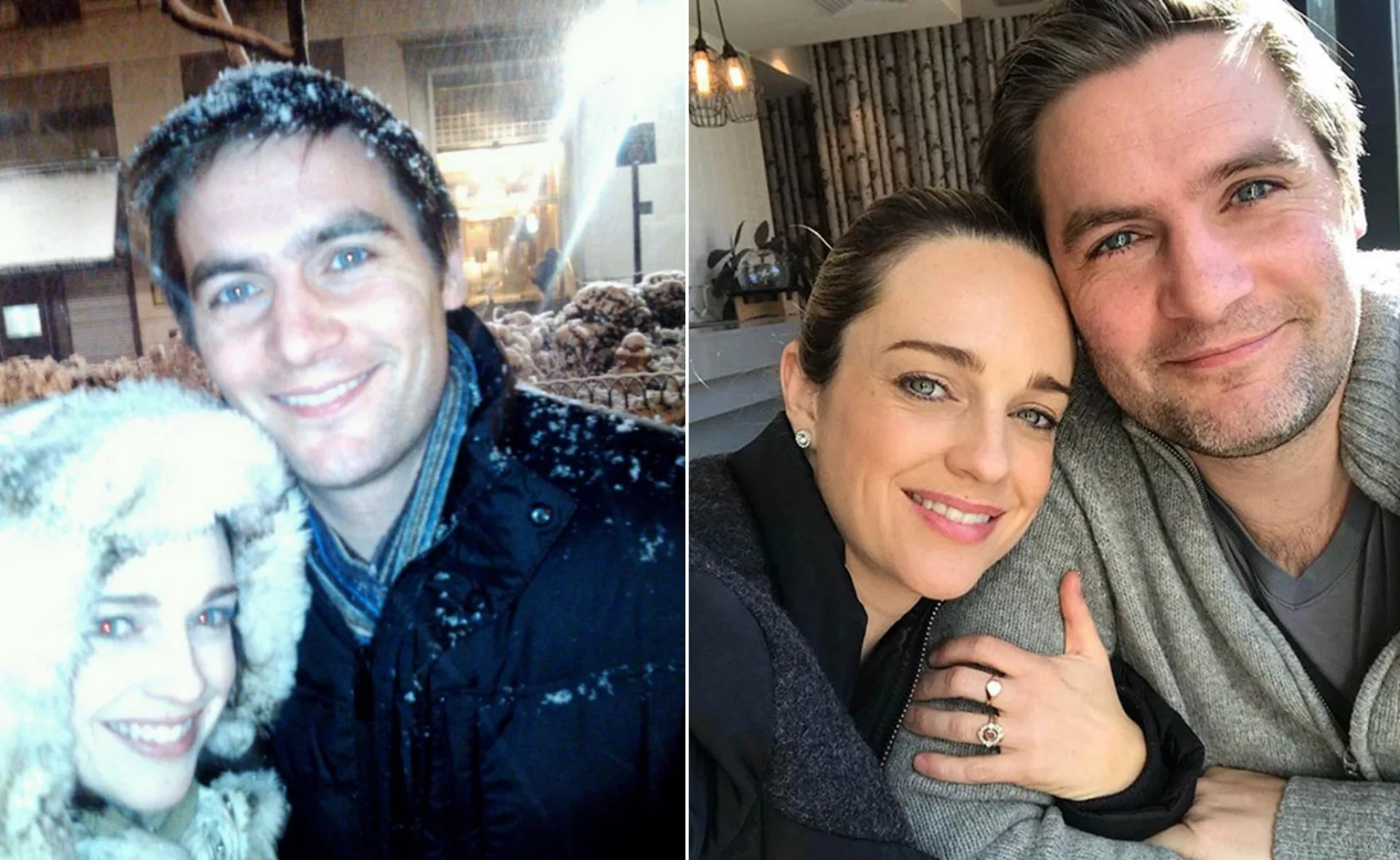 Couple smiling in snowy outdoor and indoor settings, showing affectionate poses.