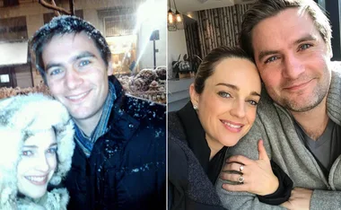 Couple smiling in snowy outdoor and indoor settings, showing affectionate poses.