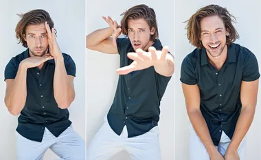 A man in a dark shirt and white pants makes playful poses and expressions in a photo collage.