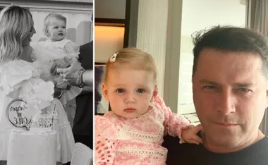 "Two images: woman holds toddler near birthday cake; man poses with toddler in pink dress."