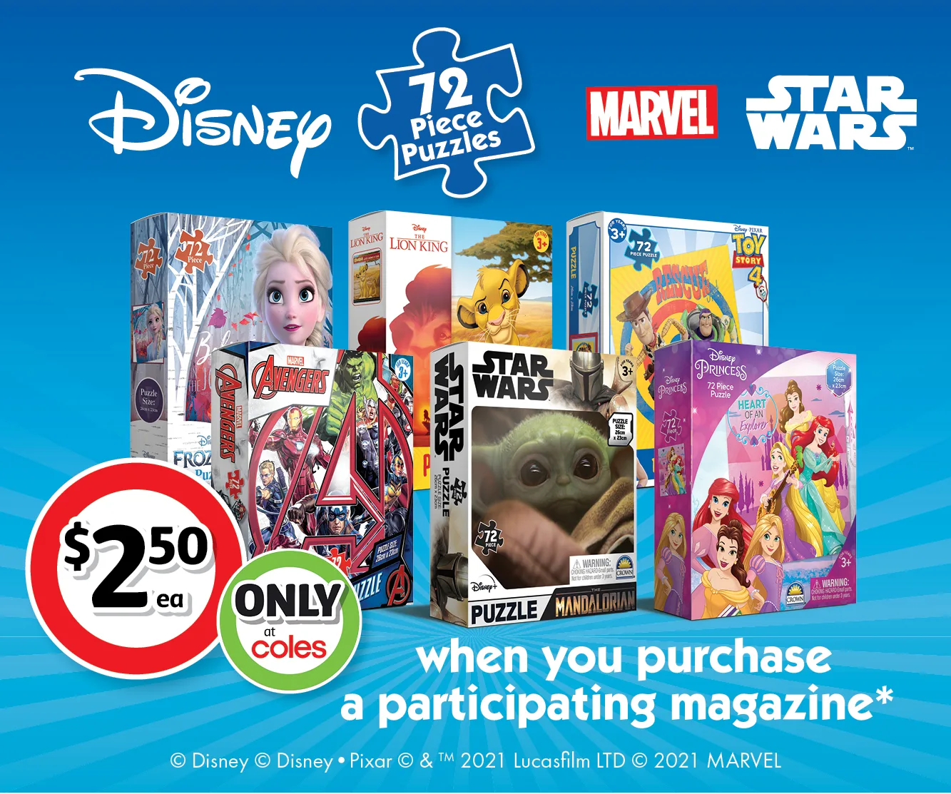 Disney 72-piece puzzles featuring Marvel, Star Wars, Frozen, The Lion King, Toy Story, and Disney Princesses, $2.50 each.