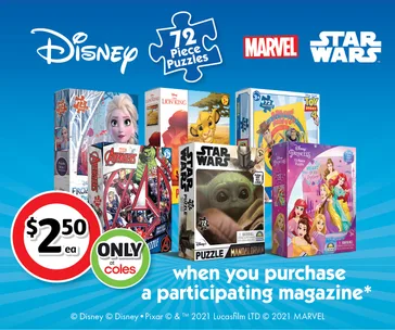 Disney 72-piece puzzles featuring Marvel, Star Wars, Frozen, The Lion King, Toy Story, and Disney Princesses, $2.50 each.