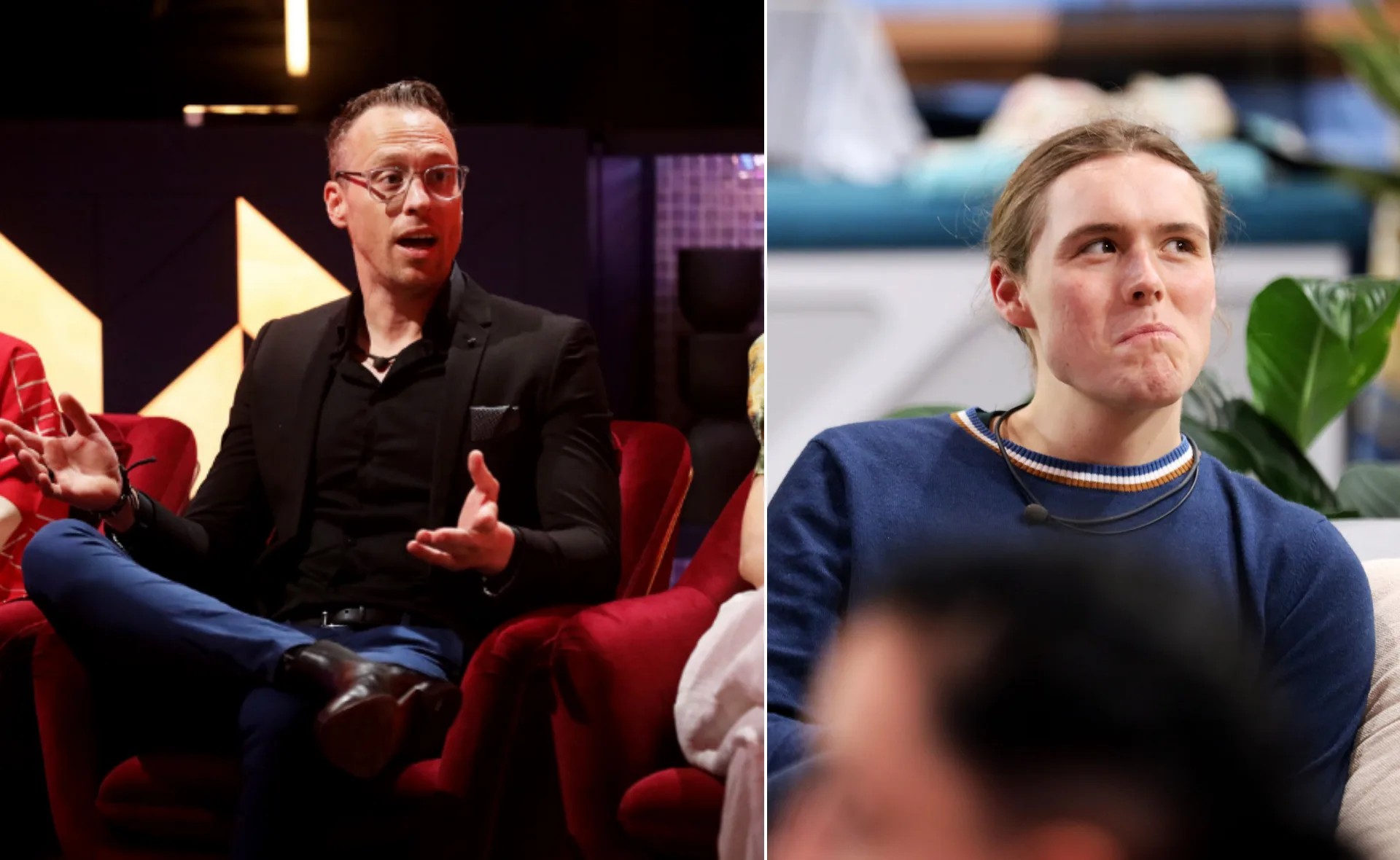 Two men sit indoors; one in glasses gesturing, the other in a blue sweater, looking thoughtful.
