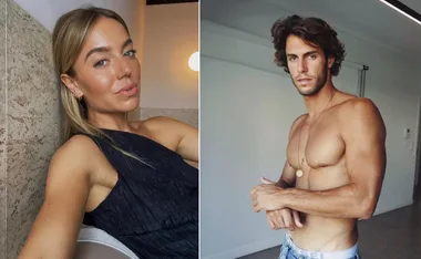 Two individuals, one in a black dress and the other shirtless, posing indoors separately.